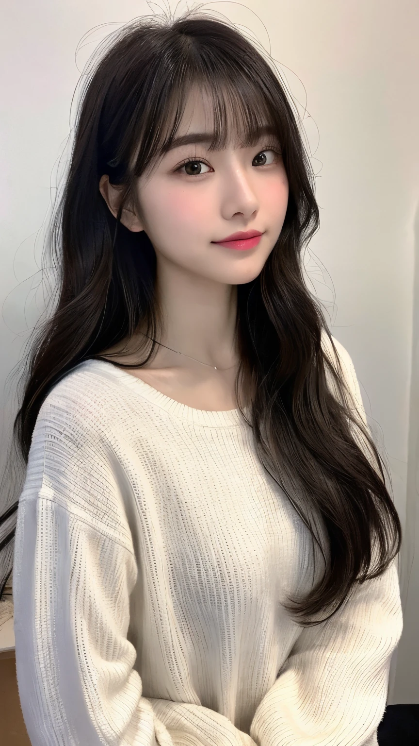 (top-quality、16K resolution)女の子1人、独奏、natural soft light、small tits、A Japanese Lady、Looking at the camera、White long-sleeved knit、(Beauty Salon Background)、Facing the front、is standing、bobhair、Woman in her late teens、Light bangs、short-hair、Salon model、Natural look、portlate、floated hair、Rolled hair、A dark-haired (Silver inner hair: 1.1)