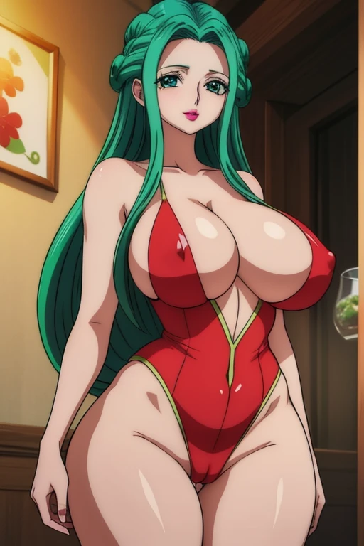 Code Geass, Kallen Stadfeldt 1girl) green  hair, puffy lips, painted lips, thick lips, wide hips, thick thighs, big breast, huge ass, revealing cleavage, smile face, bubble butt, camel toe, Breasts, naked , pussy , green eye, perfect body