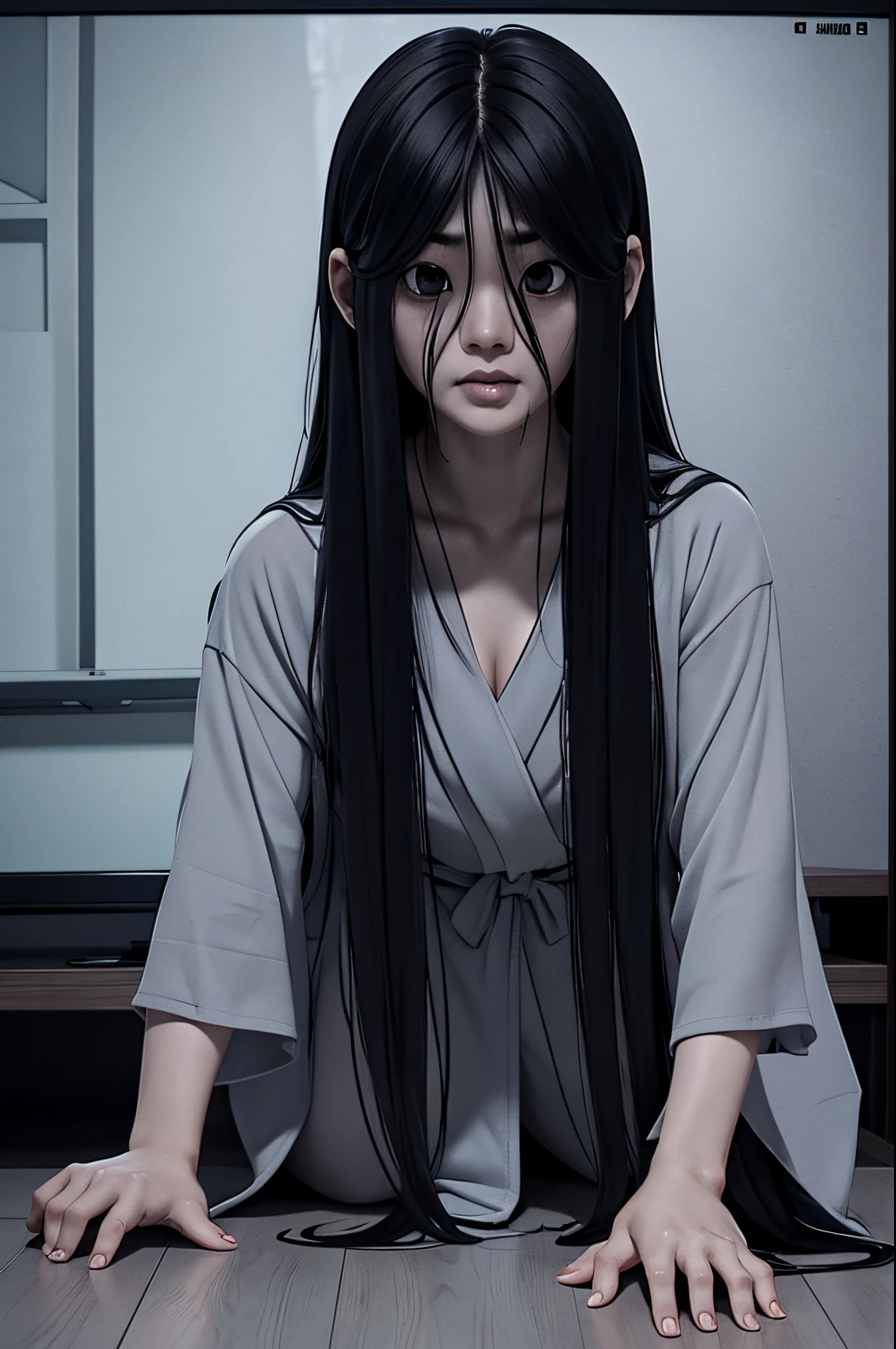 Sadako, soaking, wet robe, gray colored skin, Hair covers the face, sexy for.Sadako crawled out of the TV，A woman lying on the floor in front of the TV, japanese horror, style of hajime isayama, japanese horror movie footage, Junji Ito 4K, japanese pop surrealism