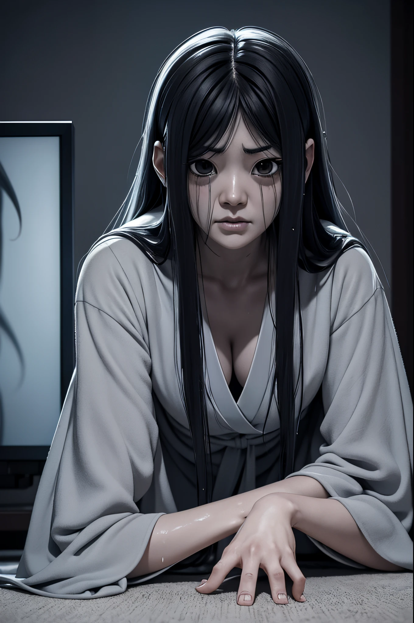 Sadako, soaking, wet robe, gray colored skin, Hair covers the face, sexy for.Sadako crawled out of the TV，A woman lying on the floor in front of the TV, japanese horror, style of hajime isayama, japanese horror movie footage, Junji Ito 4K, japanese pop surrealism