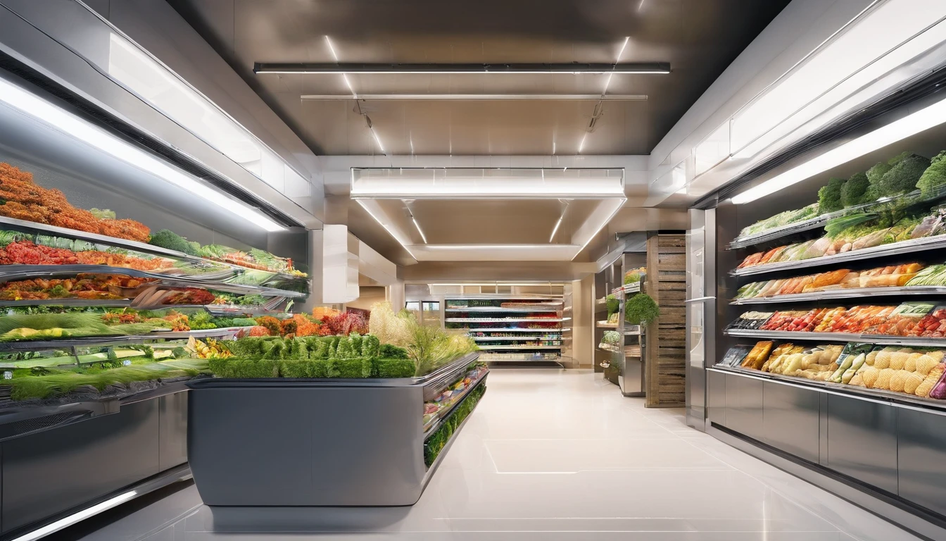 Take us to a small supermarket built in a shipping container. Use words to create an image of a pleasant place surrounded by nature . altamente detalhado realista