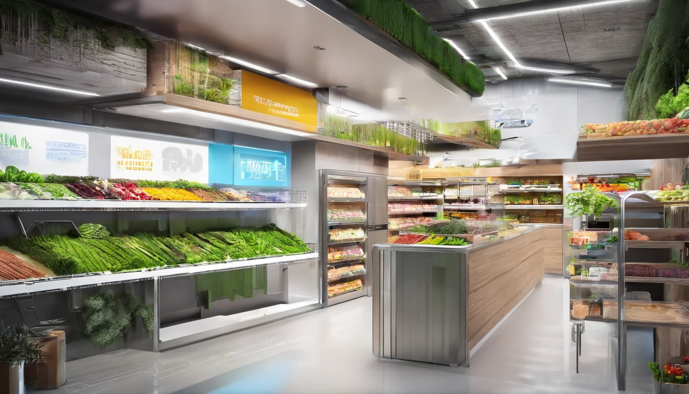 Take us to a small supermarket built in a shipping container. Use words to create an image of a pleasant place surrounded by nature .  altamente detalhado realista