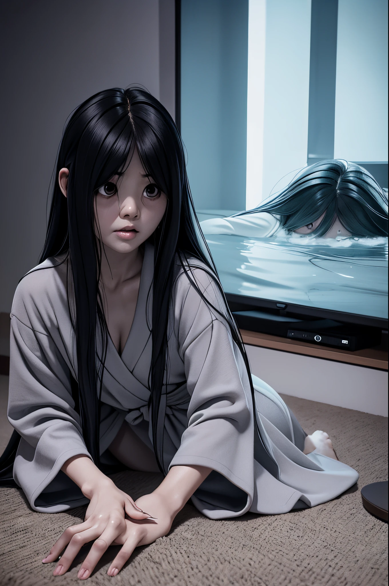 Sadako, soaking, wet robe, gray colored skin, Hair covers the face, sexy for.Sadako crawled out of the TV，A woman lying on the floor in front of the TV, japanese horror, style of hajime isayama, japanese horror movie footage, Junji Ito 4K, japanese pop surrealism