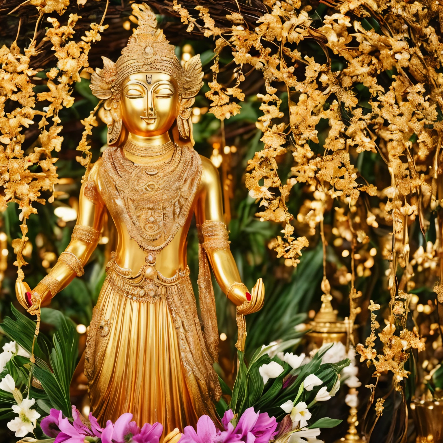 goddess and gold metal flowers, full body shot, temple