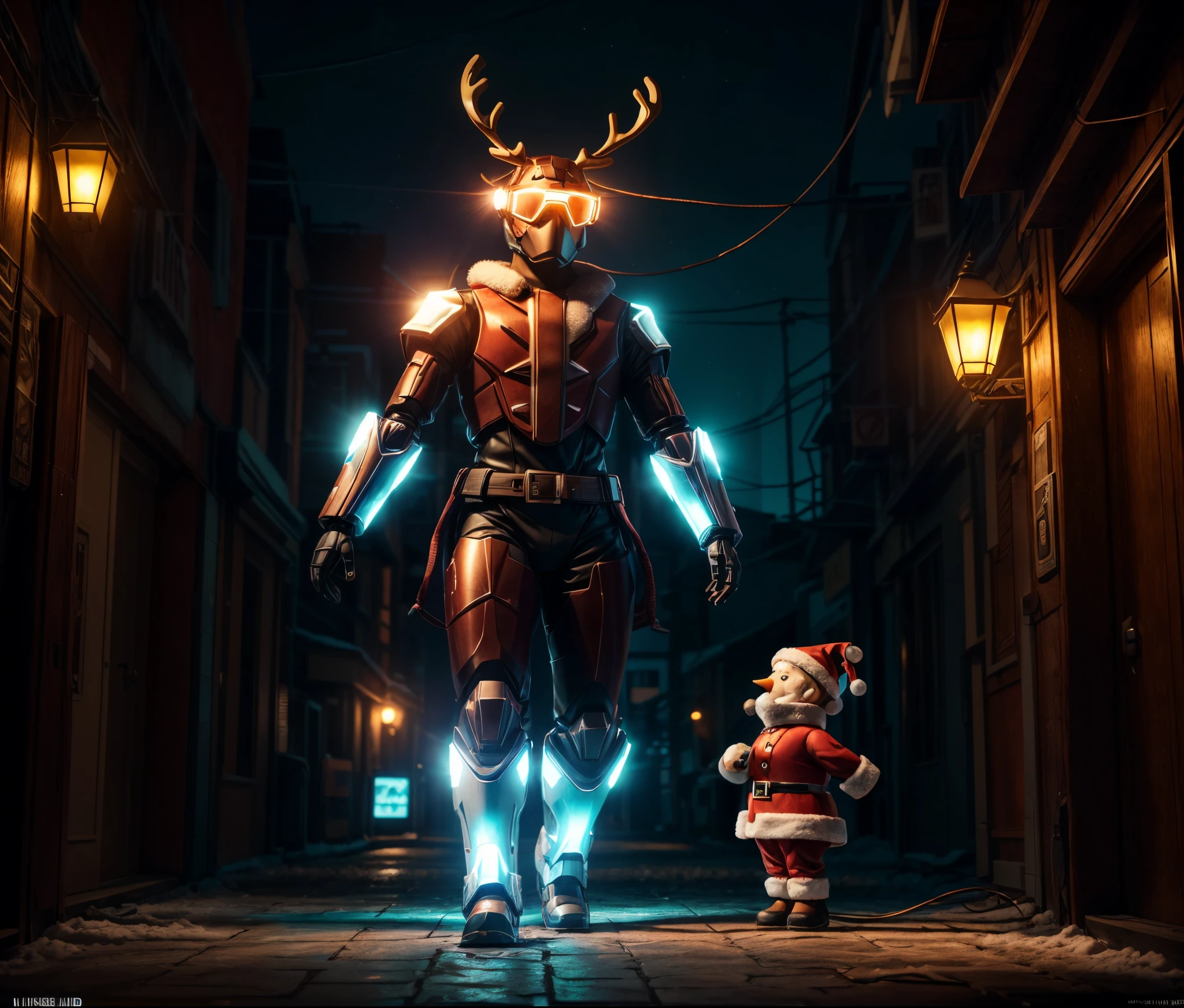 Reindeer, (blind box toy style:1.2), nuttcraker toy, (Full Body Shot) , 1 Transparent Santa claus, Behind him is a snowman and reindeer, snowflakes, Transparent mecha, Exquisite Helmet:1.2, glowing goggles:1.2, Cyberpunk, Dreamy Glow, Luminous neon lamp, clean, white background, ( Global illumination, raytracing, HDR, unreal render,reasonable design, high detailed, masterpiece, best quality, UHD, Cinematic Lighting)