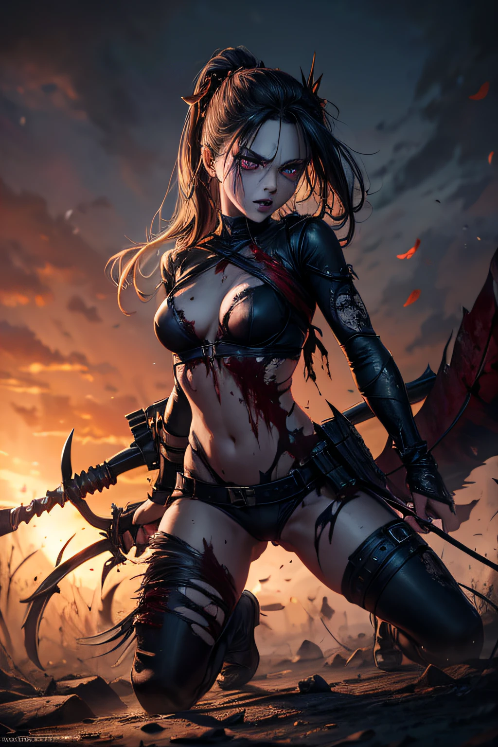 dead rotting evil zombie girl, demonic comic accurate costume hawkeye, black make up, torn costume, wielding broken bow and arrows, sexi, revealing, bloody, psychotic, dark, glowing eyes, evil, combat stance, highly detailed, vibrant appearance, creative behavior, imaginative, sensual, spontaneous, small breasts, sexi, highest quality, skin texture, intricate details, (cinematic lighting), RAW photo, 8k, masterpiece,best quality,ultra-detailed,very detailed illustrations,extremely detailed,intricate details,highres,super complex details,extremely detailed 8k cg wallpaper,
