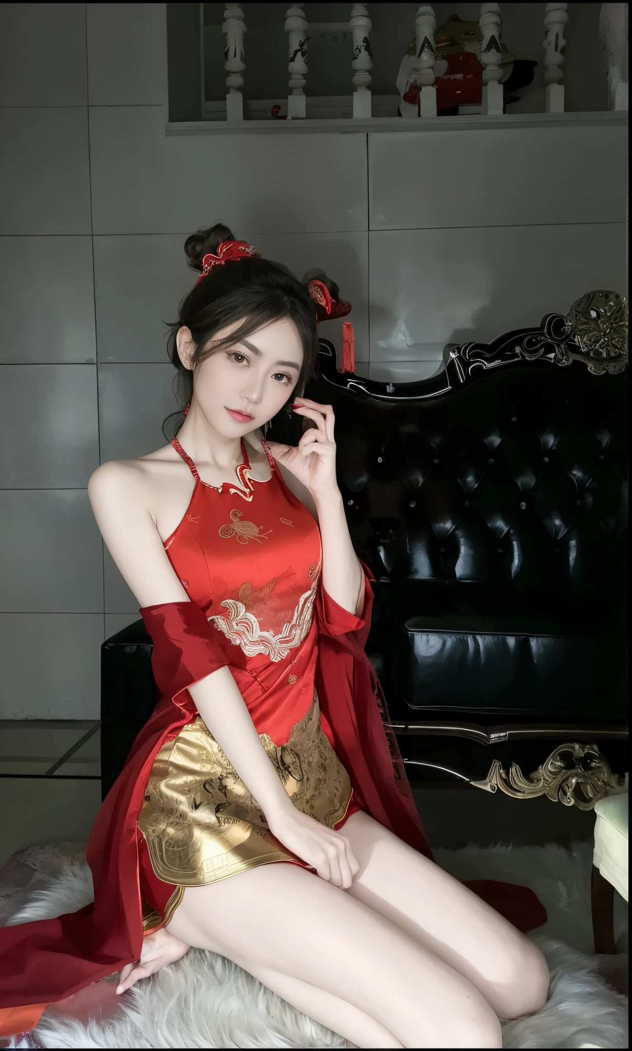 Araf woman in red dress sitting on sofa, wearing red cheongsam, china idol, china idol, On the cheongsam, Central Plains Universe, High quality clothing, Matches ancient Chinese costumes, full body xianxia, Chinese traditional, this custom, ChineseGirl, Anime girl role play, sha xi, gorgeous chinese models