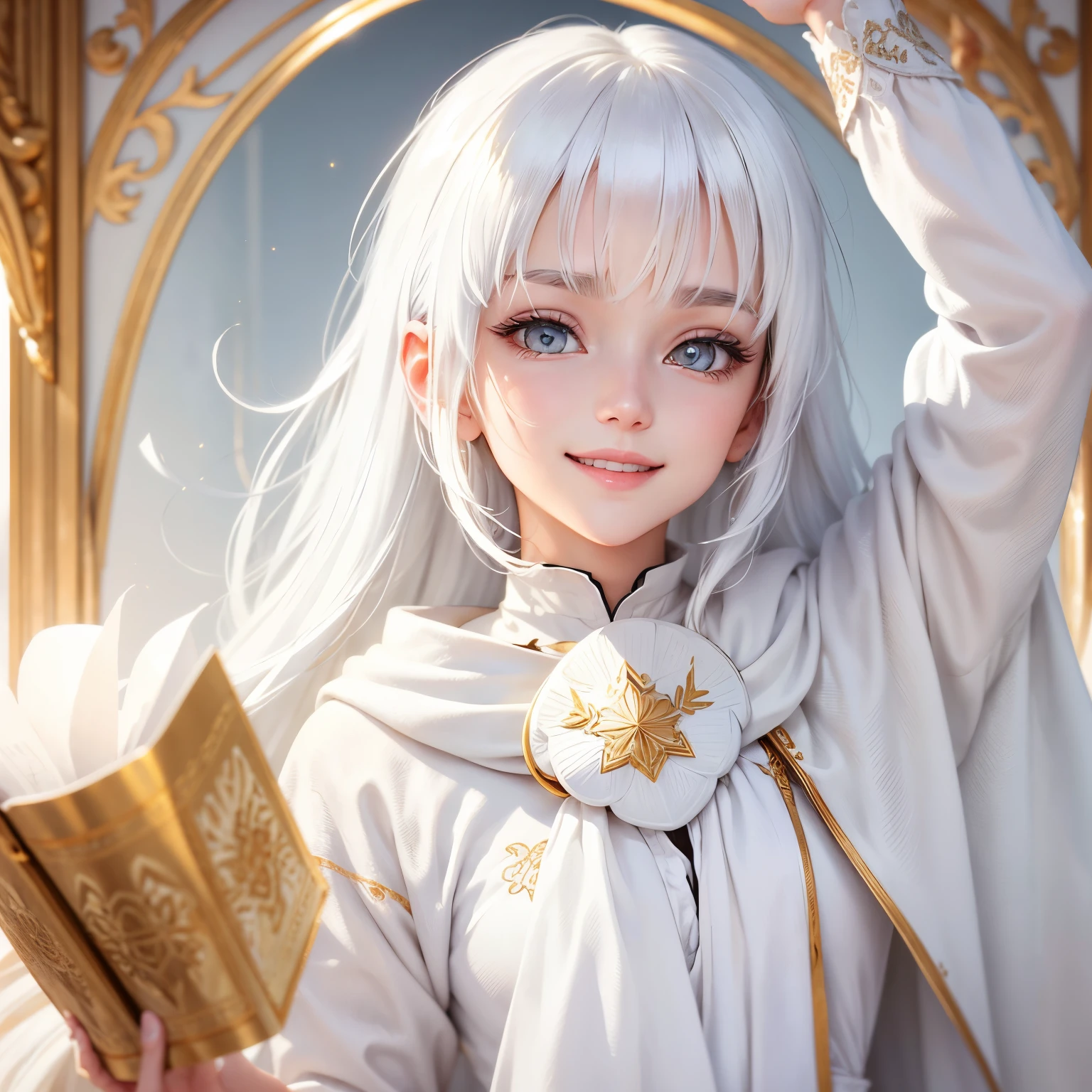 best quality, white hair, gold eyes, white clothes, looking up, upper body, hair strand, Fair skin, smiling, picture book