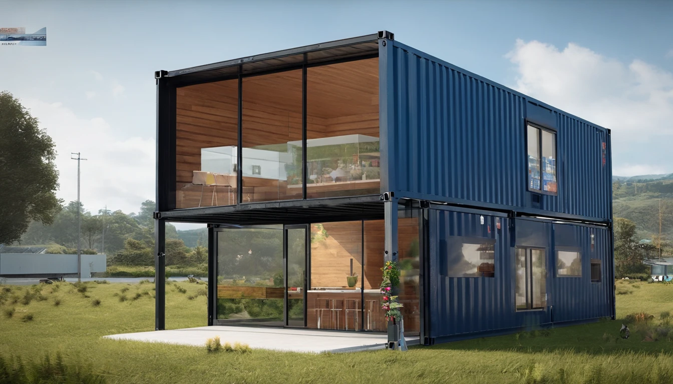 Take us to a small supermarket built in a shipping container. Use words to create an image of a pleasant place surrounded by nature .  altamente detalhado realista