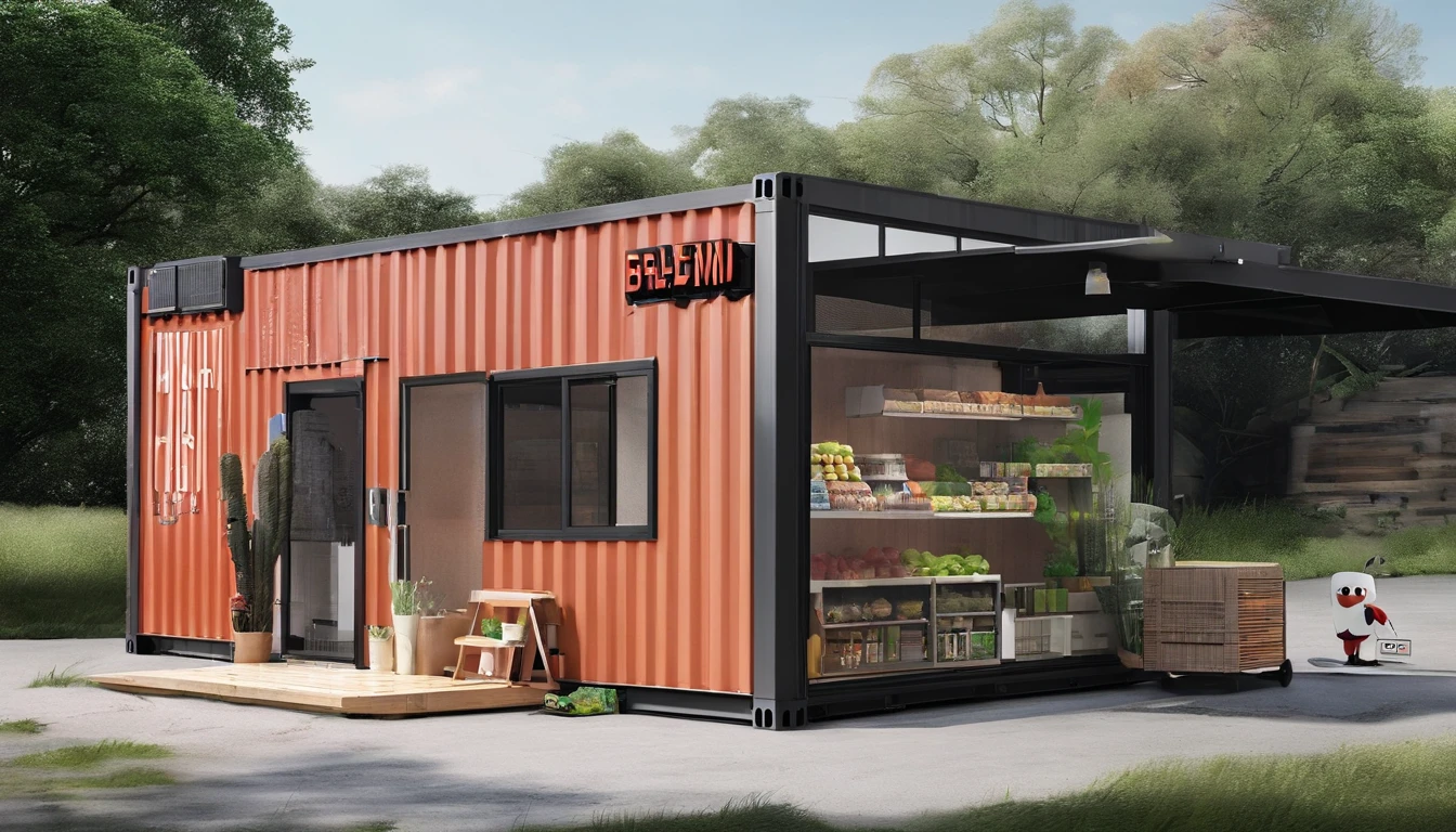 Take us to a small supermarket built in a shipping container. Use words to create an image of a pleasant place surrounded by nature . altamente detalhado realista