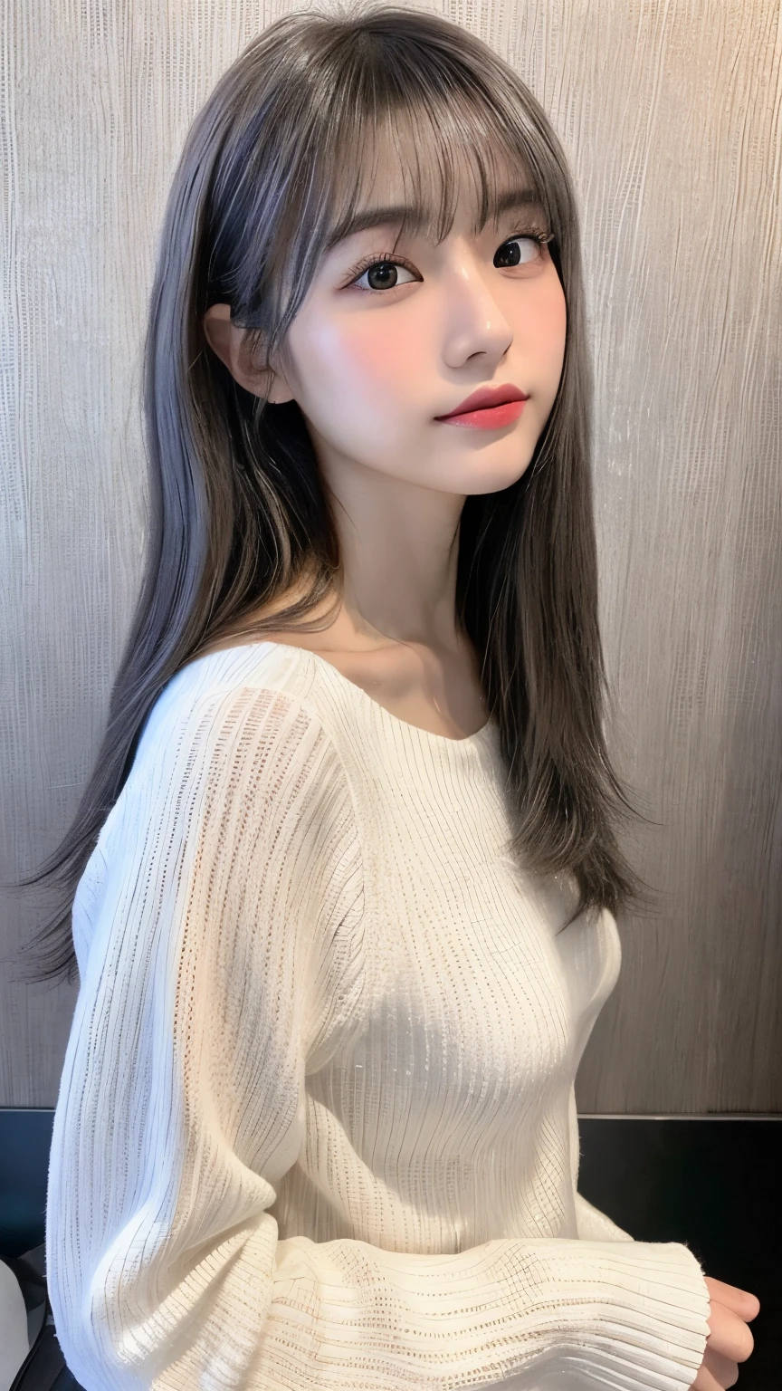 (top-quality、16K resolution)女の子1人、独奏、natural soft light、small tits、A Japanese Lady、Looking at the camera、White long-sleeved knit、(Beauty Salon Background)、Facing the front、is standing、bobhair、Woman in her late teens、Light bangs、short-hair、Salon model、Natural look、portlate、floated hair、Rolled hair、A dark-haired (Silver Inner Hair: 1.2)