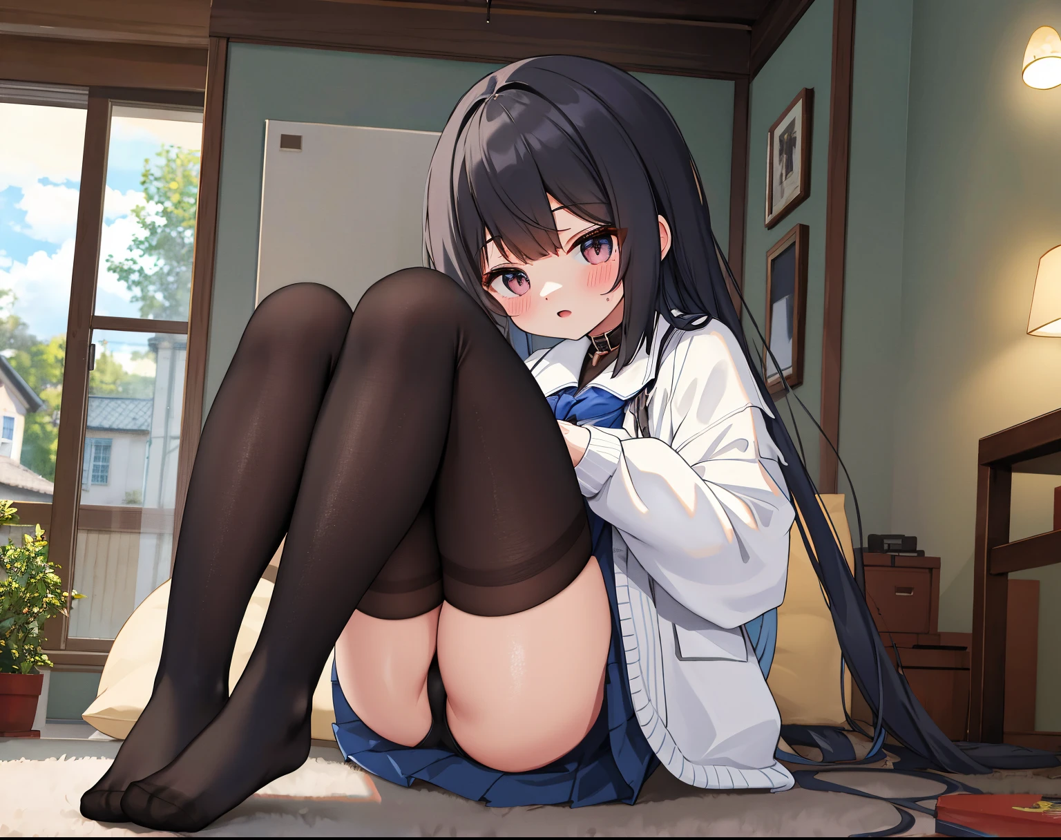 tmasterpiece, Best quality, The content is very detailed,tmasterpiece,Best quality,offcial art,extremely detaild的 CG unified 8k wallpapers,1个Giant Breast Girl, old,{black lence stockings},shyexpression,A girl plays with a model of a house with her feet,Socks that emit steam,Steam collar