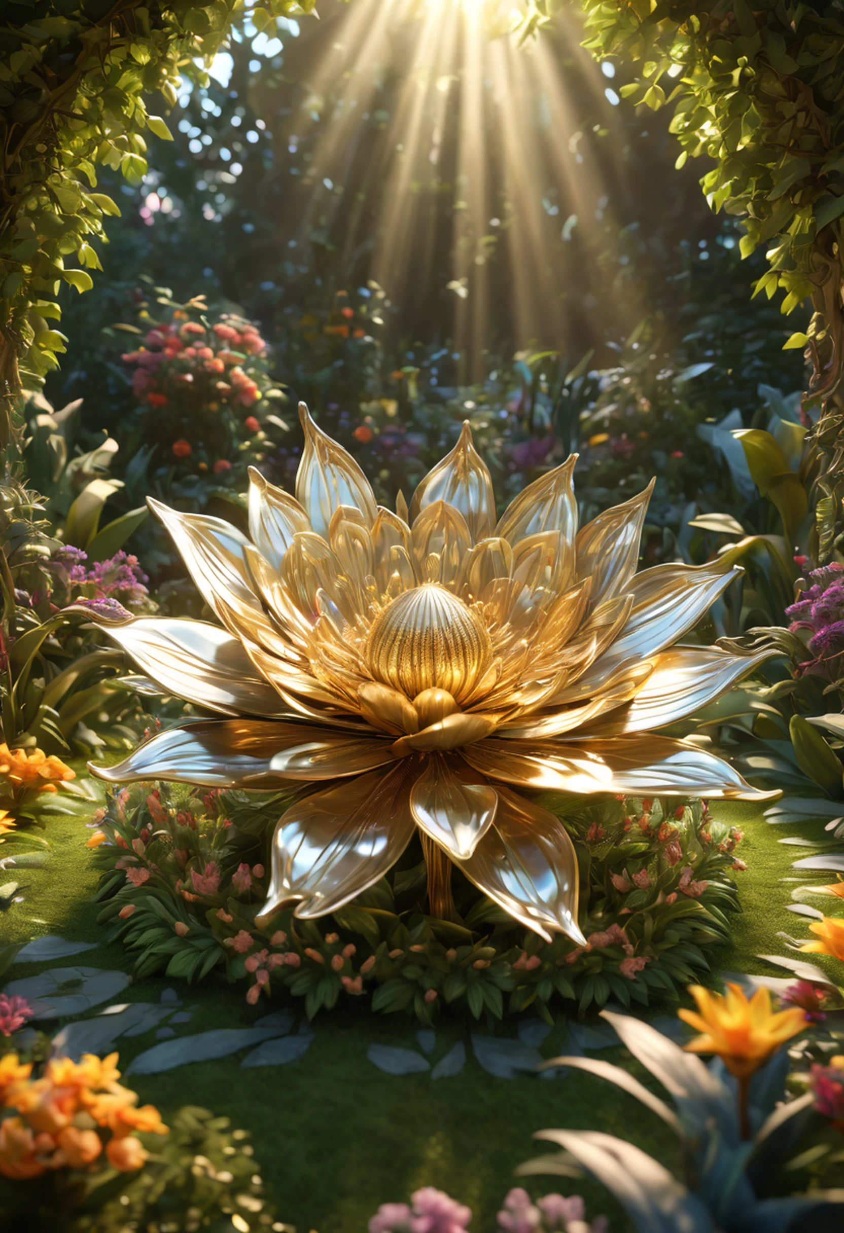 Enveloped in an ethereal glow, depict a meticulously crafted metallic flower amidst a sprawling garden, Garden of Eden, Illuminate the scene with intricate details, perfect symmetry, and an awe-inspiring realism, god rays, ray tracing, highres, best quality, 16k, high quality