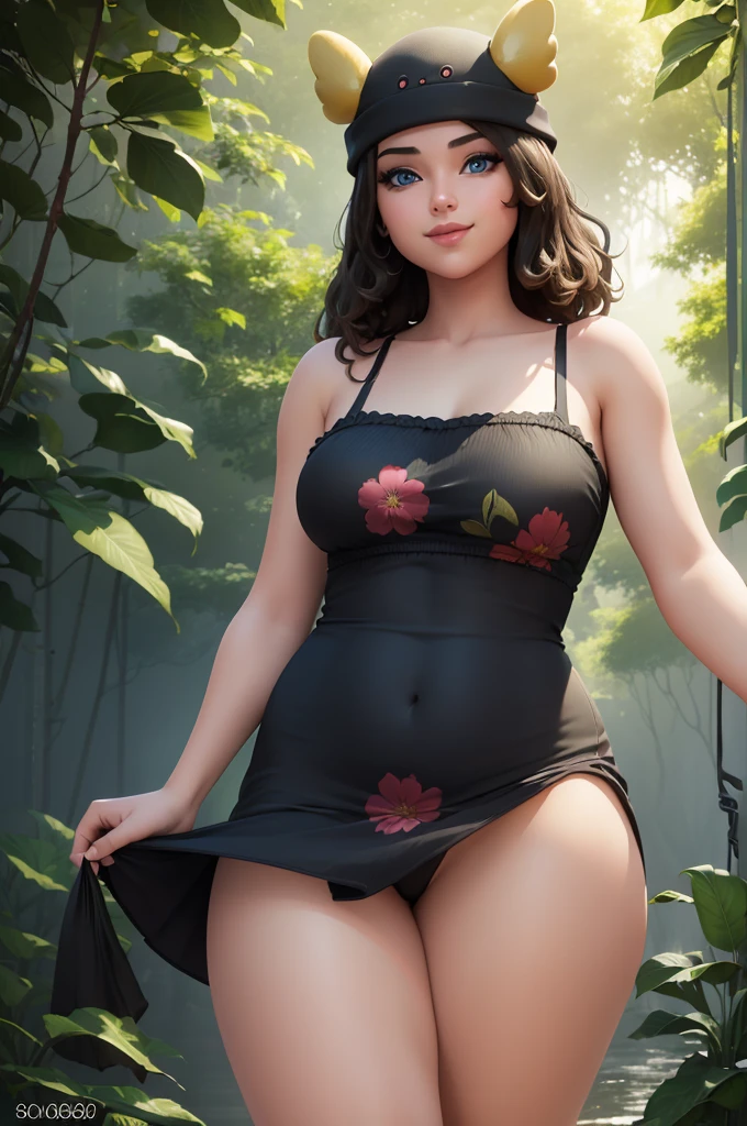 (8k, best quality, masterpiece:1.2), (realistic, photo-realistic:1.37), ultra-detailed, 1 girl,cute, solo, ,beautiful detailed blue eyes, medium wavy hair, , thick thighs, standing in the jungle, , smiling, looking at viewer, ,light brown hair, black lips, black lipstick, full body view, , whole body shot, red hat, chubby, black short sundress , nsfw, flower pattern sundress