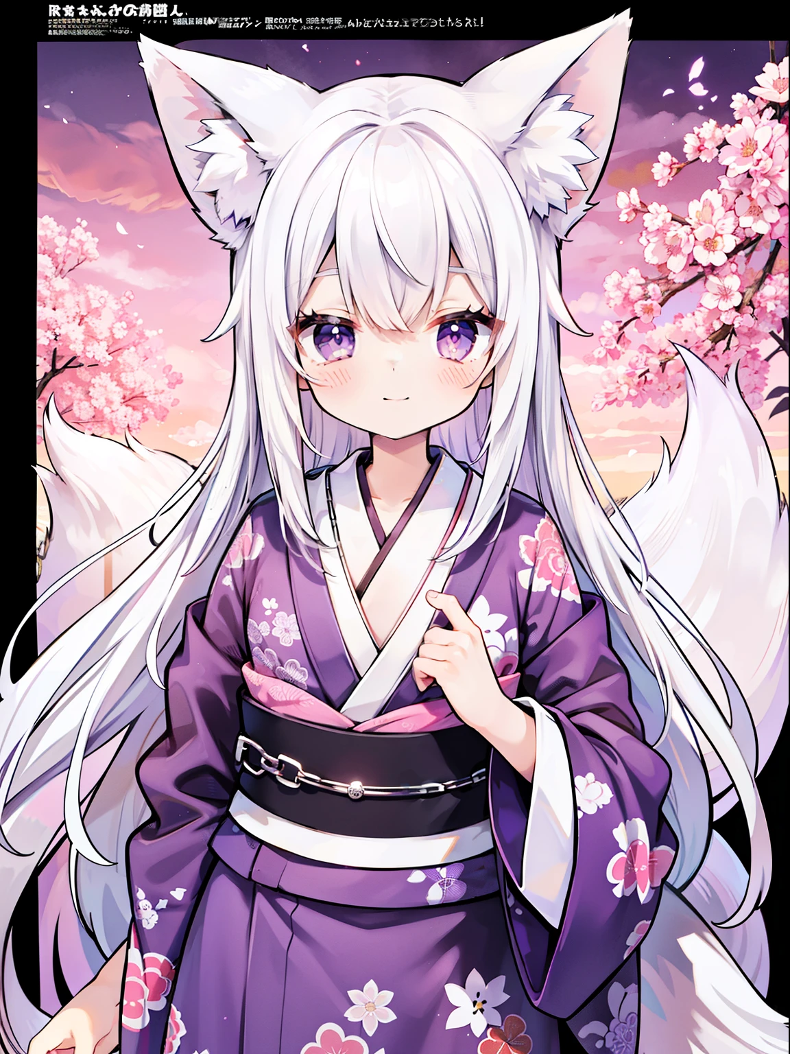 A tall man, long white hair, Fox ears, Purple eyes, Open kimono, Open chest, chains, Smile, masutepiece, High quality、twinks、detaileds、depth of fields,magazine、good style
