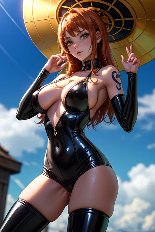 ((master part)) ((best quality)) ((Ultra Detalhado)) ((1mulher)) ((latex clothing)) ((cabelo longo laranja)) ((cabelo longo sedoso)) ((tatuagem do ombro direito)) ((nariz comprido)) ((a nami piece)) ((DAMP BODY)), seios grande, ((olhos atraentes)) ((sharp eyes)) ((corpo magro)) ((High-resolution shadows)) ((cores atrativas)) ((blue skies)) ((Trunk pose in hand)) ((pulseiras de ouro)) , latex , sombras claras