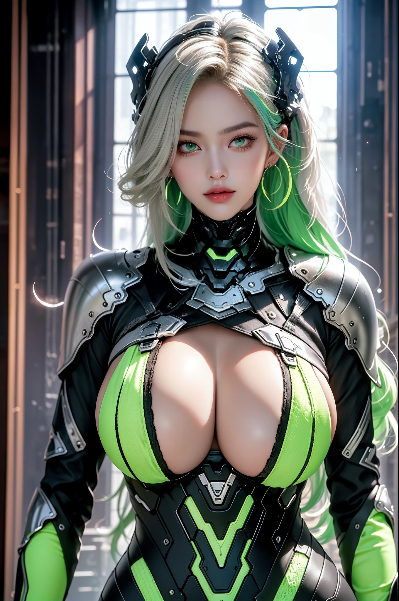 (masterpiece), best quality, expressive eyes, perfect face, beautiful details face, beautiful round eyes, upper body, A beautiful mature woman in cyber armour suit shows her Extremely busty and attractive breasts, (arrogant face), (light green hair), (twintails, expressive hair, shiny hair, glowing hair, multicolored hair, gradient hair, colored inner hair, straight hair, medium long hair), fair skin, (beautiful detailed full bodysuit:1.3), full body cyber armour, glowing and shining armour, silver and green cyber armour, (Edge lights:1.4), (silver and green colour scheme:1.3), neon light on armor, beautiful details eyes, (emerald eyes:1.3), (glowing eyes:1.2), (Gigantic saggy breasts:1.6), tight breasts, thick body, (well accentuated curves), pink lips, (silver nails), mascara, Long eyelashes, eyeliners, (Extremely wide well defined hips:1.3), (beautiful massive thick thighs:1.3), has a tall slender figure, (Extremely detailed skin texture:1.2), beautiful detailed realistic muscle definition, golden lights that shimmer, high detailed eyes, ultra-high quality model, proportionate, intense colouration fantasy, (background fantasy floating cyber city), green and gold tetradic colours, earrings, (1girl), solo, shine