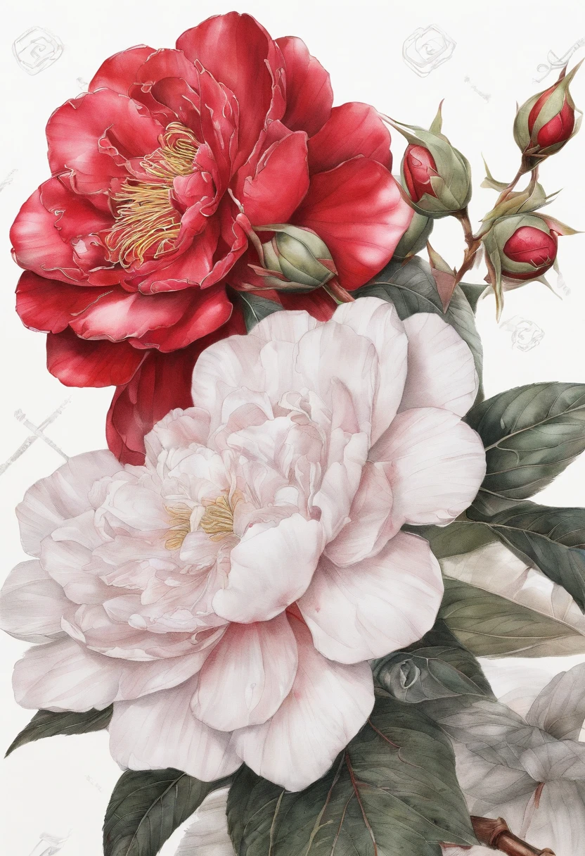 Fine depiction,planar,Chinese style,Ink painting and watercolor,(Red camellia),Elegant lines,meticuloso,Hand drawn and awesome