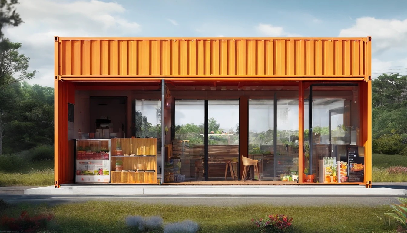 Take us to a small supermarket built in a shipping container. Use words to create an image of a pleasant place surrounded by nature .  altamente detalhado realista