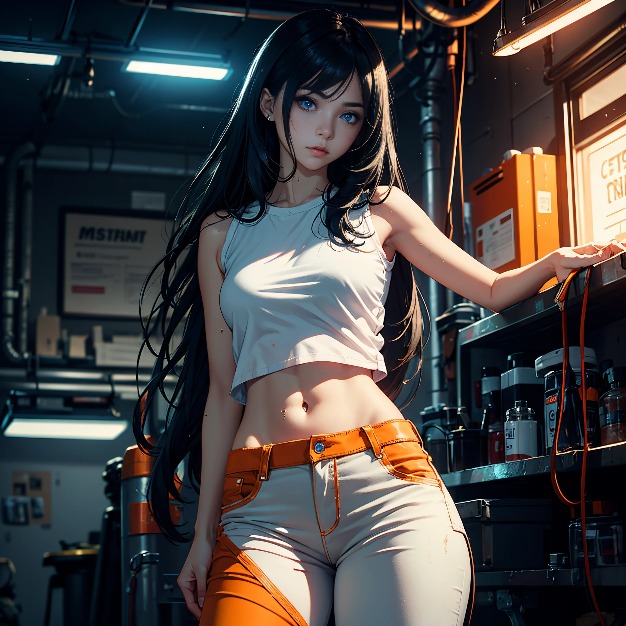 (Cinematic lighting), Beautiful woman, in a mechanic, wearing white top, orange pants, with grease stains on her skin and clothes, neon lights, indoor, intense Black hair, (blue eyes), very long hair, depth of field