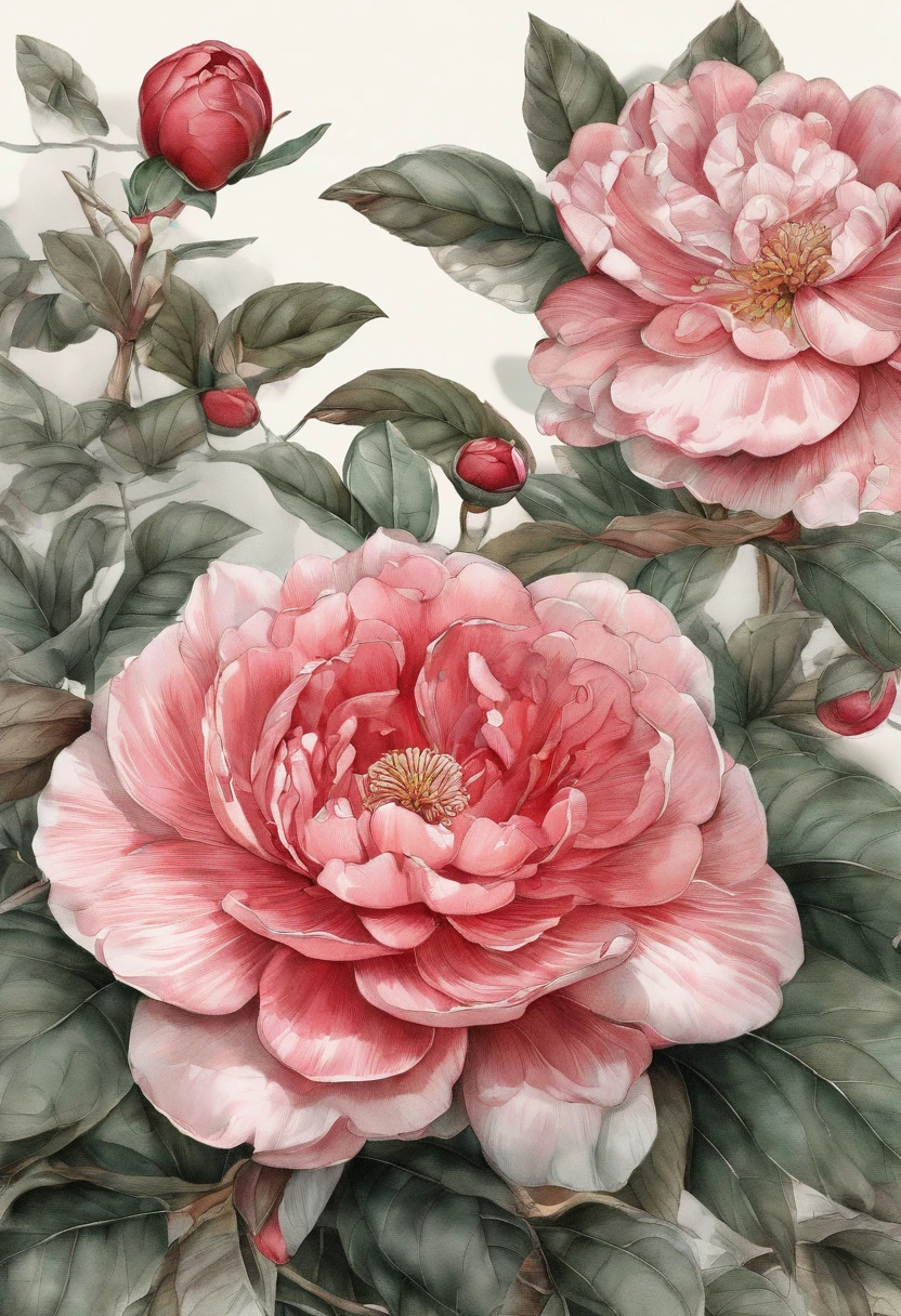 Fine depiction,planar,Chinese style,Ink painting and watercolor,(Red camellia),Elegant lines,meticuloso,Hand drawn and awesome