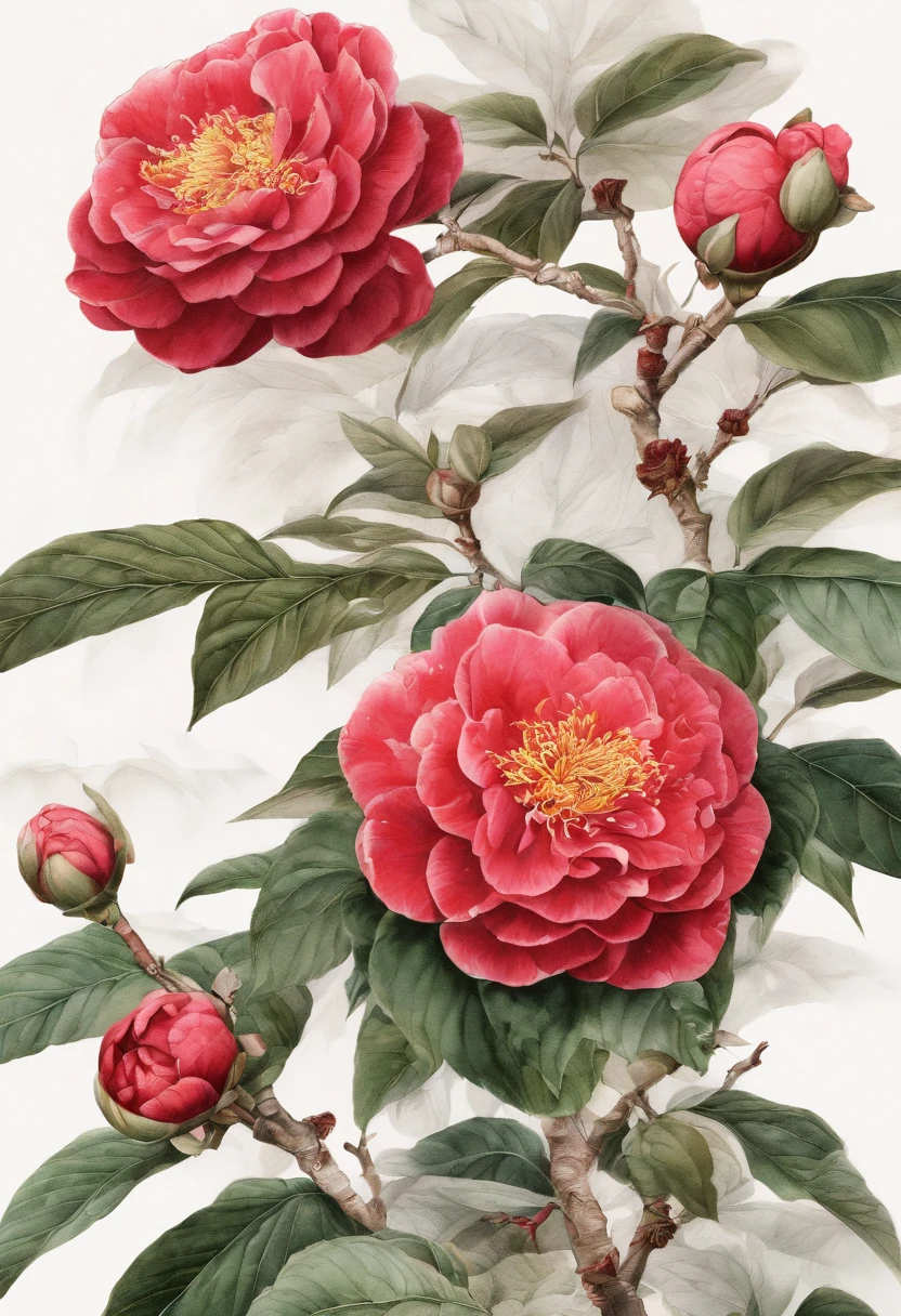 Fine depiction,planar,Chinese style,Ink painting and watercolor,(Red camellia),Elegant lines,meticuloso,Hand drawn and awesome