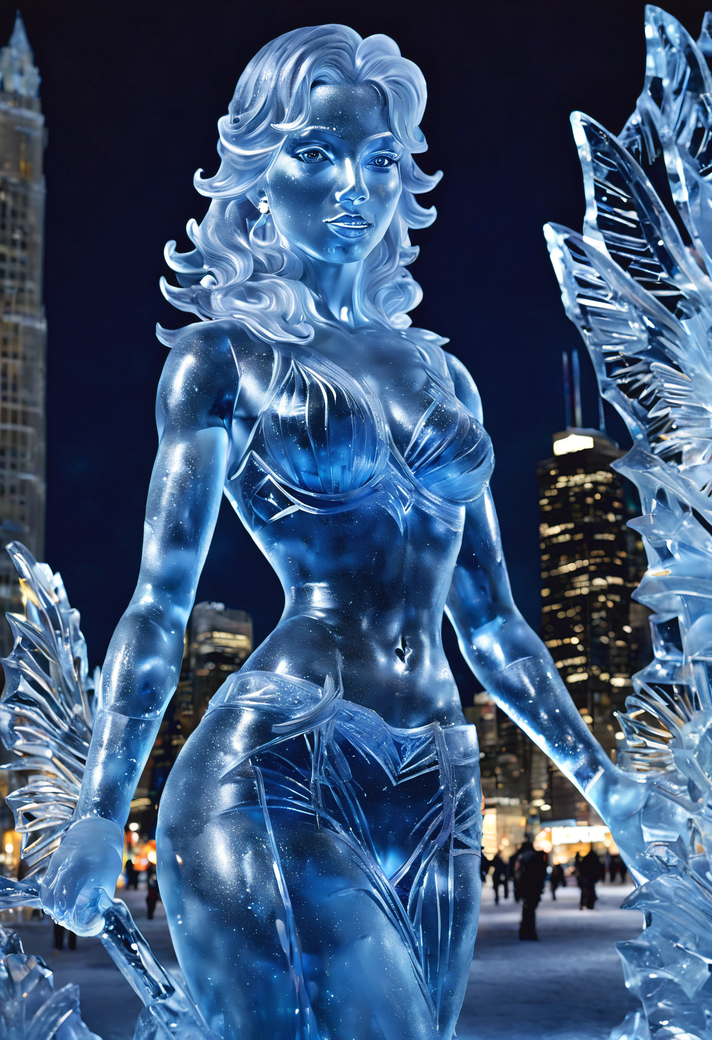 (best quality,highres,masterpiece:1.2),ultra-detailed,realistic:1.37,ice sculpture of a woman in a city at night, low angle, professional lighting, stunningly high saturation, cityscape, nightlife, neon lights, reflection, meticulously carved ice details, dazzling color contrast, sparkling ice crystals, snowy surroundings