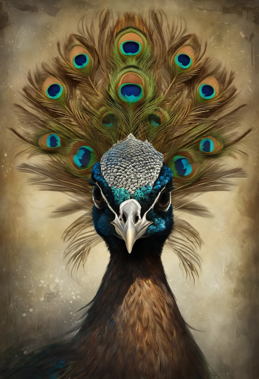 highest quality, dramatic lights, threatening gesture, Intense expression, Epic atmosphere, (((Peacock head helmet))), (((Full body photo))),peacock made of metal, Cyborg, cyber punk style, Wind, ((Complicated details)), HighDynamicRange, ((Complicated details, the ultra-detailed)), Incandescent Lamps, Cinema lenses, vignet, Bokeh effect background, (canid), (Full body photo).