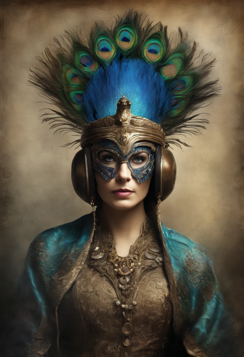 highest quality, dramatic lights, threatening gesture, Intense expression, Epic atmosphere, (((Peacock head helmet))), (((Full body photo))),peacock made of metal, Cyborg, cyber punk style, Wind, ((Complicated details)), HighDynamicRange, ((Complicated details, the ultra-detailed)), Incandescent Lamps, Cinema lenses, vignet, Bokeh effect background, (canid), (Full body photo).