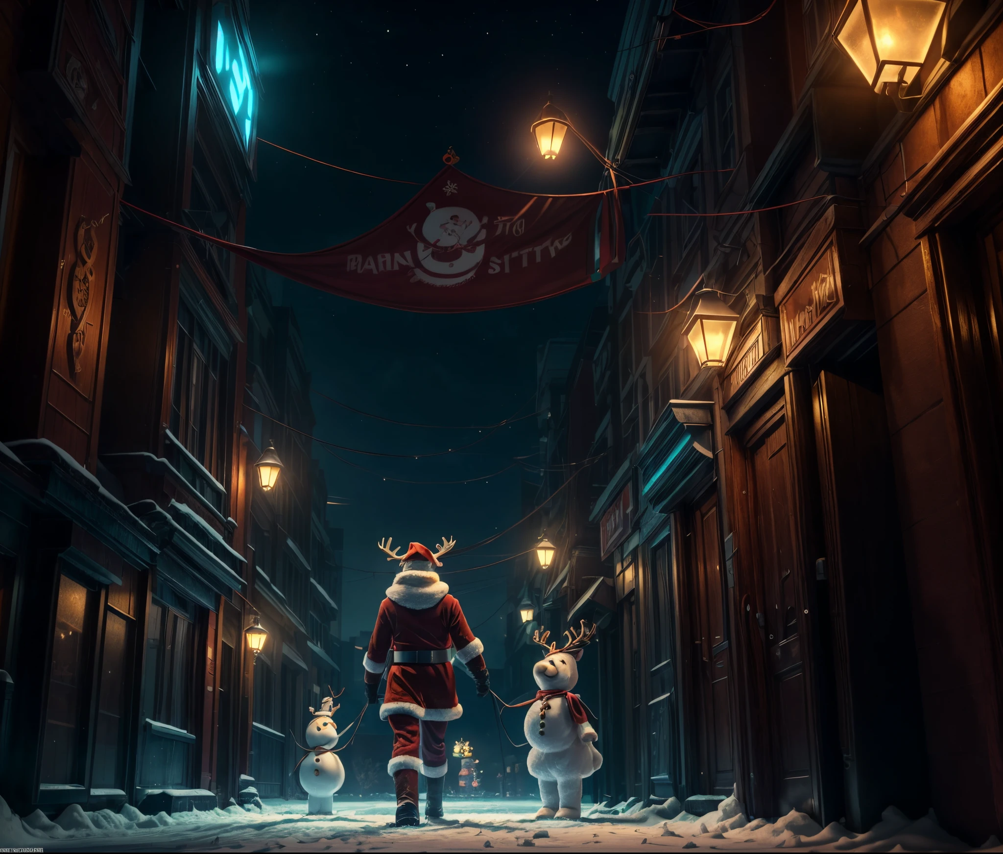 Reindeer, (blind box toy style:1.2), nuttcraker toy, (Full Body Shot) ,  1 Transparent Santa claus, Behind him is a snowman and reindeer, snowflakes, Transparent mecha, Exquisite Helmet:1.2, glowing goggles:1.2, Cyberpunk, Dreamy Glow, Luminous neon lamp, clean, white background, ( Global illumination, raytracing, HDR, unreal render,reasonable design, high detailed, masterpiece, best quality, UHD, Cinematic Lighting)
