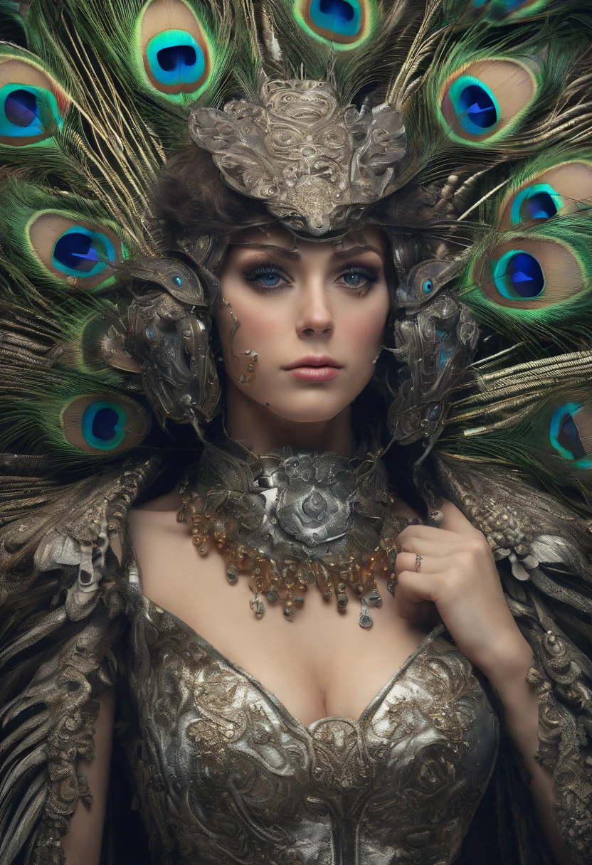 highest quality, dramatic lights, threatening gesture, Intense expression, Epic atmosphere, (((Peacock head helmet))), (((Full body photo))),peacock made of metal, Cyborg, cyber punk style, Wind, ((Complicated details)), HighDynamicRange, ((Complicated details, the ultra-detailed)), Incandescent Lamps, Cinema lenses, vignet, Bokeh effect background, (canid), (Full body photo).
