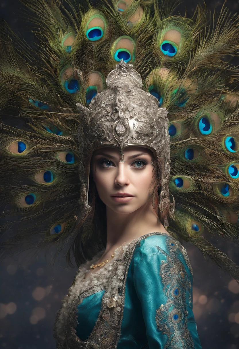 highest quality, dramatic lights, threatening gesture, Intense expression, Epic atmosphere, (((Peacock head helmet))), (((Full body photo))),peacock made of metal, Cyborg, cyber punk style, Wind, ((Complicated details)), HighDynamicRange, ((Complicated details, the ultra-detailed)), Incandescent Lamps, Cinema lenses, vignet, Bokeh effect background, (canid), (Full body photo).
