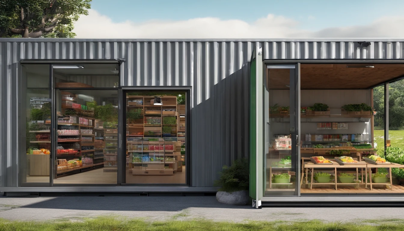 Take us to a small supermarket built in a shipping container. Use words to create an image of a pleasant place surrounded by nature .  Pessoas fazendo compras, altamente detalhado realista