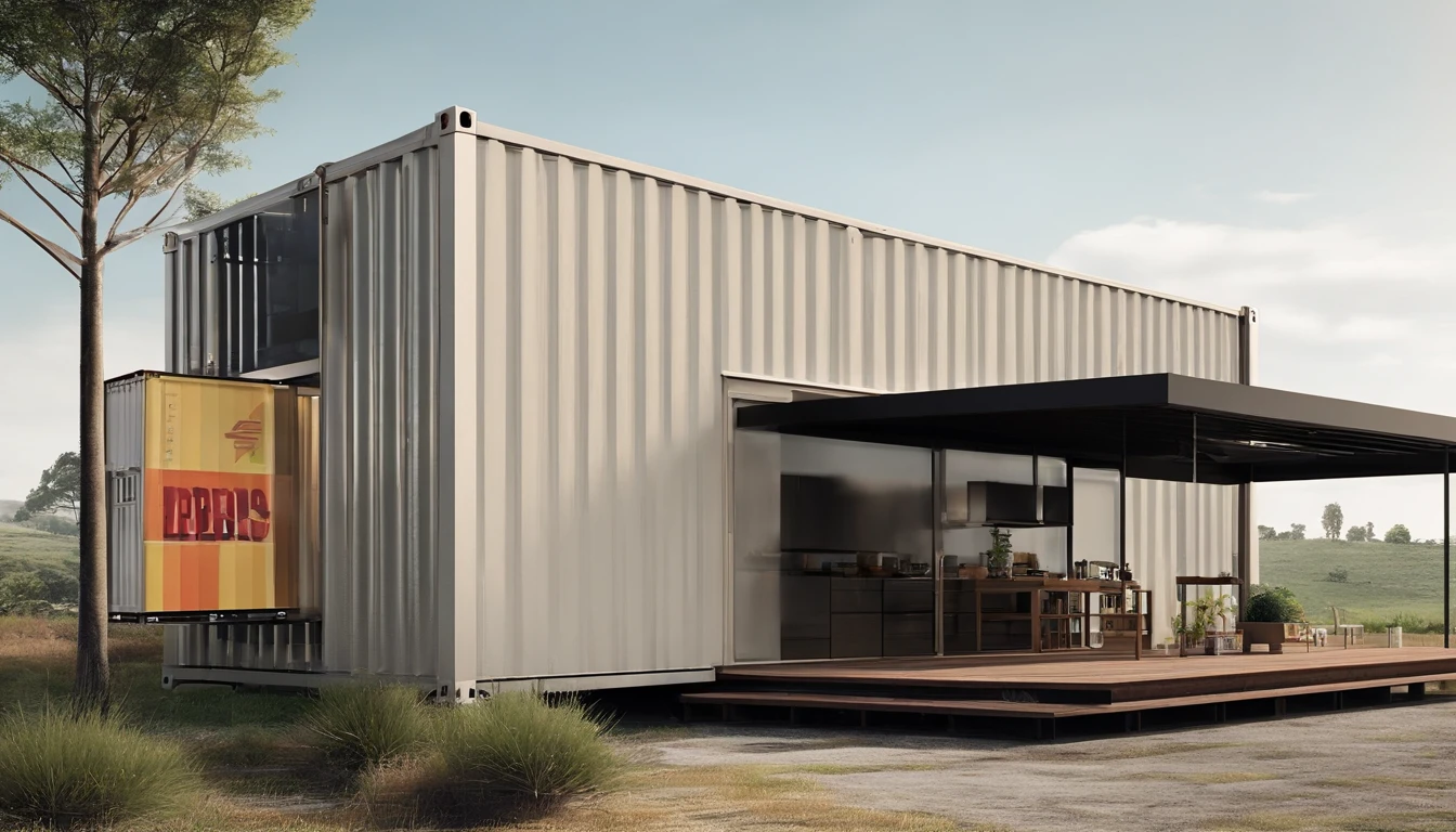 Take us to a small supermarket built in a shipping container. Use words to create an image of a pleasant place surrounded by nature . Pessoas fazendo compras, altamente detalhado realista