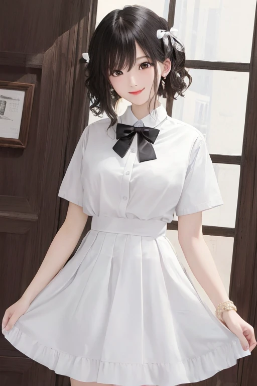 (8K、top-quality、masterpiece:1.2)、超A high resolution、intricate detailes、美丽的面容、a smile、white shirt、Black bow tie、a black skirt、plaid skirts、pleatedskirt