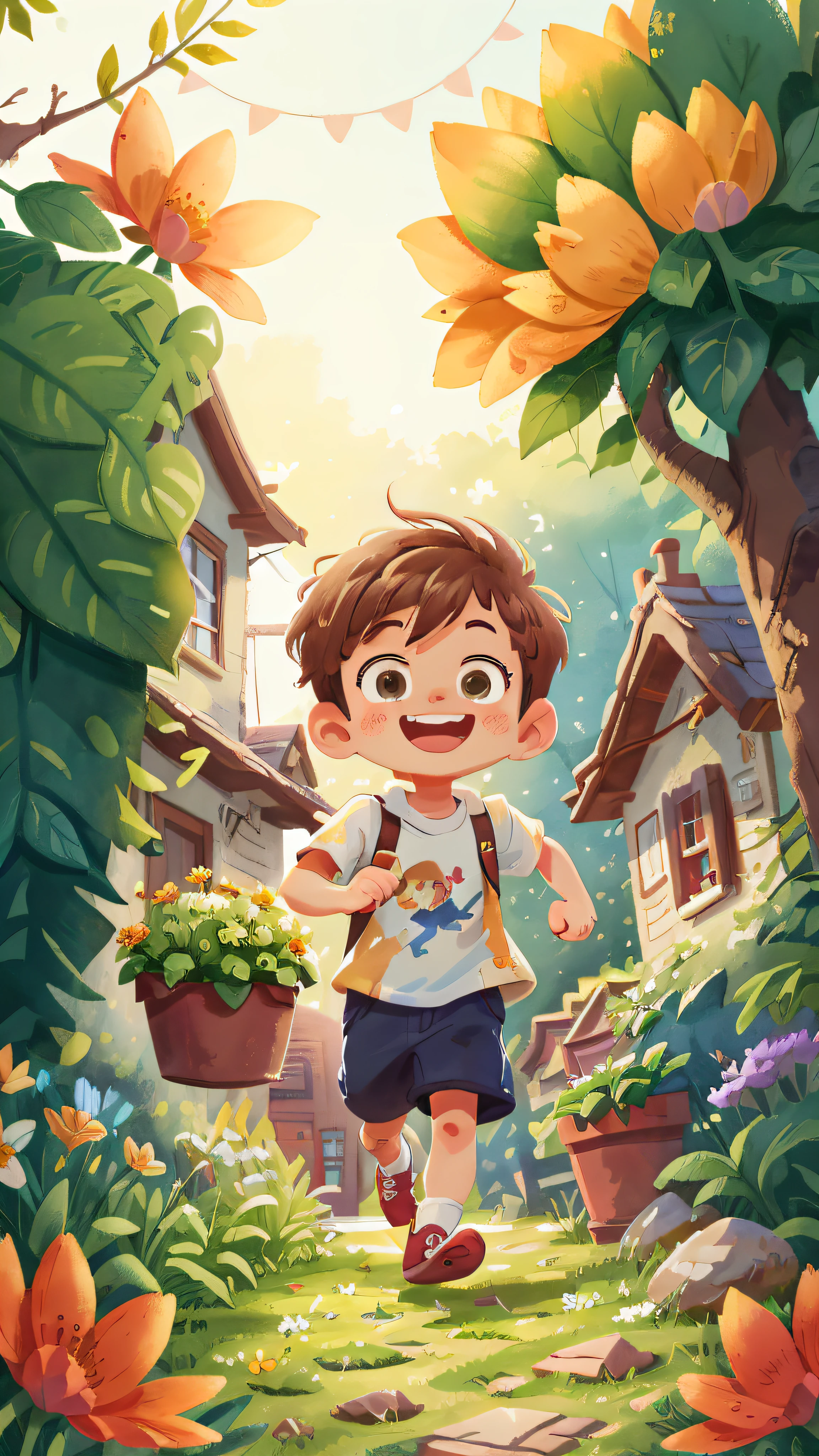 Watercolour. Boy, brown hair, smiling, very cheerful, running, dressing gardener and white blouse, front view, full body, the background is a beautiful and cozy house in the countryside, garden with flowers, sunny, perfect quality, (mess-house: 0.8), (masterpiece: 1.2) (Realistic: 1.2) (Bokeh) (Best quality) (Detailed Skin: 1.3) (Intricate Details) (8K) (Detail Eyes) (Sharp Focus), (Happy)