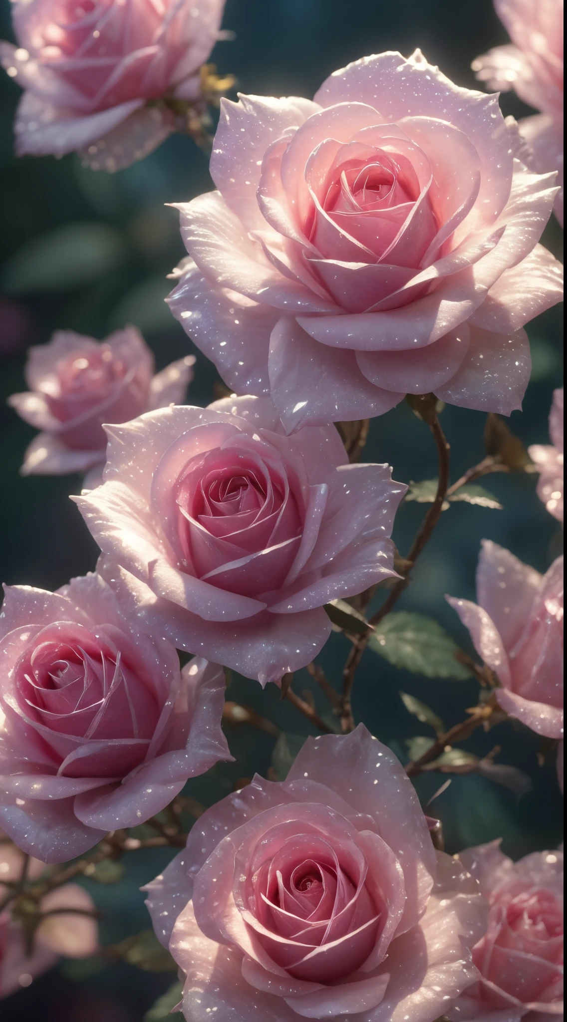 Crystal rose, in pink,like a dream, galaxias, Remove pubic hair, Shiny, fairies, Idyllic, colorfully, magical photography, Dramatic light, photo-realism, hyper-detailing, 8K, depth of fields, A high resolution