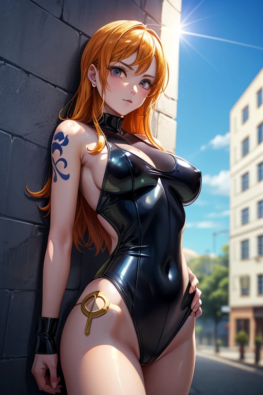 ((master part)) ((best quality)) ((Ultra Detalhado)) ((1mulher)) ((latex clothing)) ((cabelo longo laranja)) ((cabelo longo sedoso)) ((tatuagem do ombro direito)) ((nariz comprido)) ((a nami piece)) ((DAMP BODY)), ((seios grande,)) ((olhos atraentes)) ((sharp eyes)) ((corpo magro)) ((High-resolution shadows)) ((cores atrativas)) ((blue skies)) ((Trunk pose in hand)) ((pulseiras de ouro)) , latex , sombras claras, na cidade