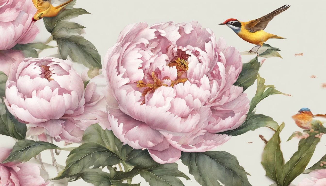 Chinese style,watercolor paiting,peony flower,Elegant lines,masterful art,Meticulous,The lines are perfect,Wallpapers,like a mural,Graceful and elegant,The composition is reasonable,Bird,Flowers,yellow bird,
