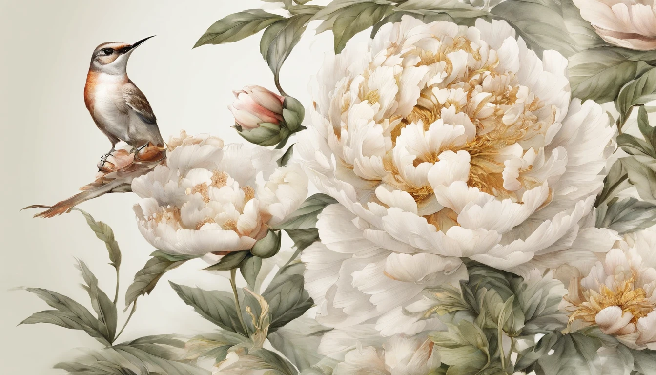 Chinese style，watercolor paiting，peony flower，Elegant lines，masterful art，Meticulous，The lines are perfect，Wallpapers，like a mural，Graceful and elegant，The composition is reasonable，Bird，Flowers，yellow bird，