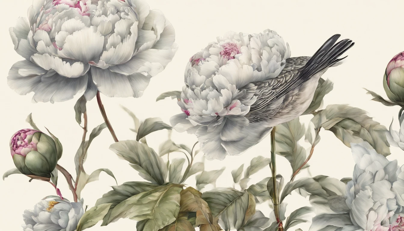 Chinese style,watercolor paiting,peony flower,Elegant lines,masterful art,Meticulous,The lines are perfect,Wallpapers,like a mural,Graceful and elegant,The composition is reasonable,Bird,Flowers,yellow bird,