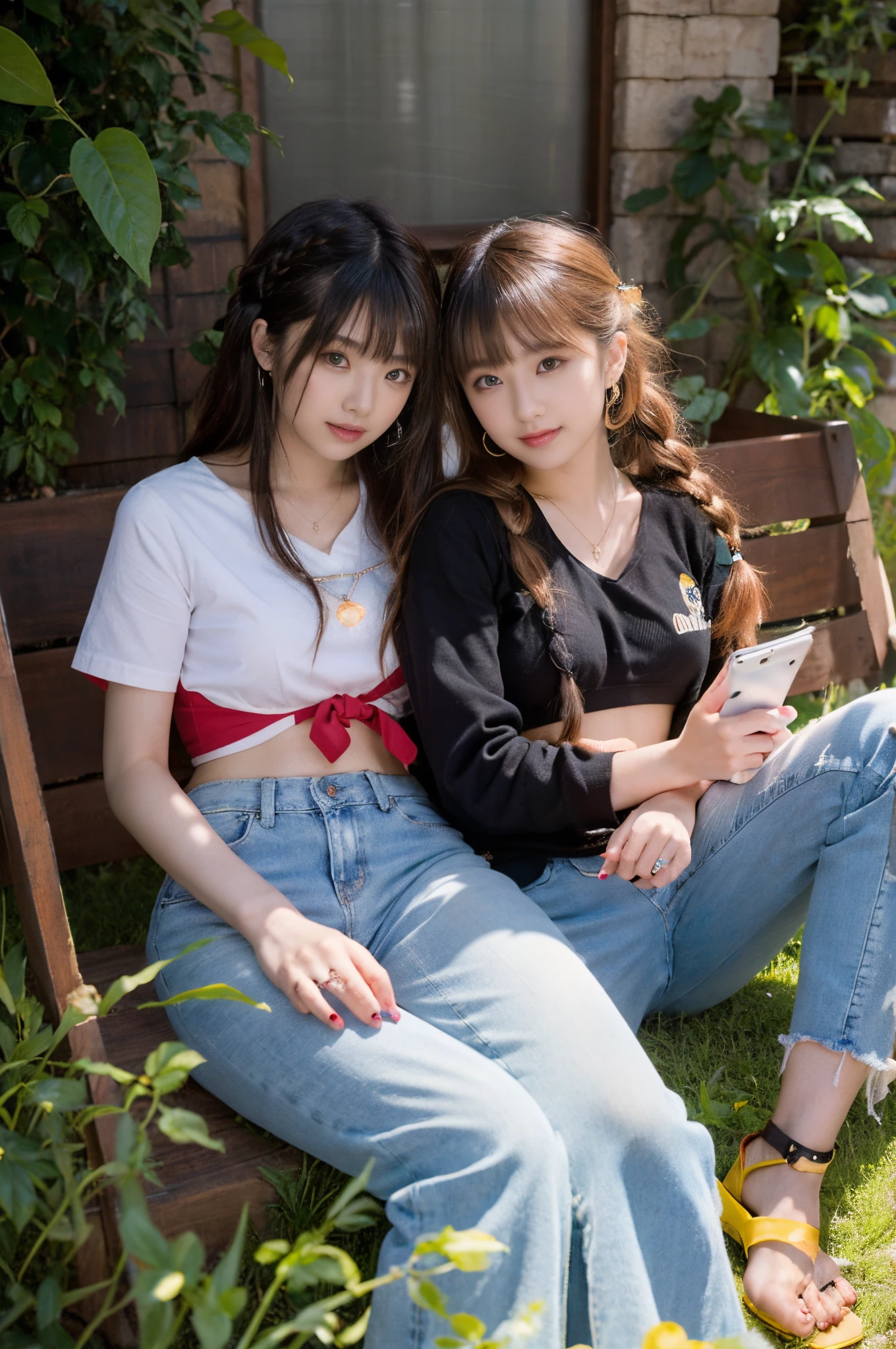 The proportions are the same for all races, All faces and pictures must be different,(ulzzang-6500-v1.3,pureeroface_v1,octane rendering),elegant pose,xxmix girl women, High level of image quality、Like a shot with an SLR、Super detailed illustration of two women, Duo,sisterhood ,sitted,Petting the,closeup portrait,hugs,strabismus:1.4,Depicting the eternal beauty and spirit of two women in 1990. they have a braided hairstyle as used to be in the 80's with lots of thin braids. They wore low-rise jeans and crop tops, 90s clothes. environment in the 1990s, Ms. Schiffer&#39;s work. _电影灯光_v2