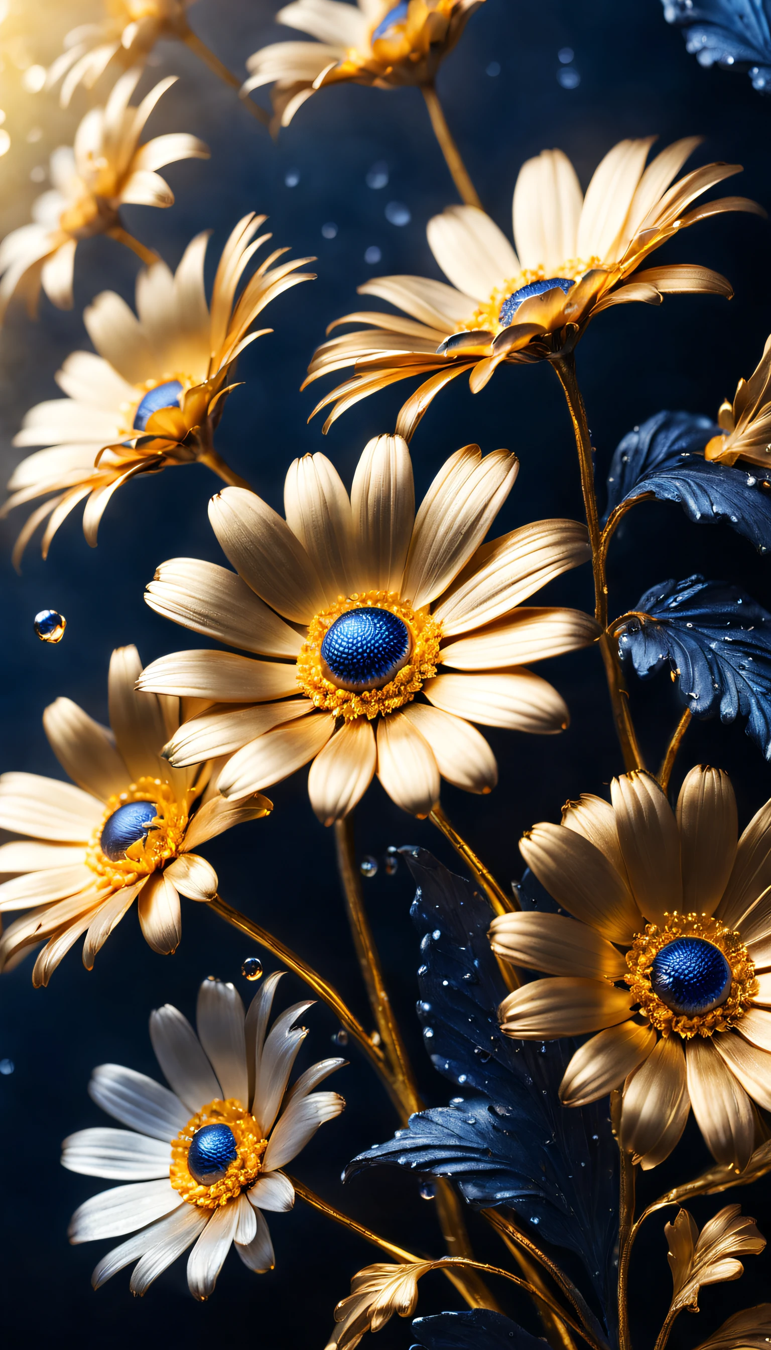 (Daisy flower made of titanium）, Each metallic daisy flower has cascading petals，they are dark blue，Like the night sky and the deep sea，Attractive gold and blue shine，leaves made of black gold，The edges of the petals are brushed metal,  ，Big dewdrops are about to fall，Rich metallic texture，transparent dew，golden daisy, flowers and gold, Gorgeous flowers,intricate flowers, Messy golden leaf flowers, 16k,Rococo elements, Capturing light and shadow，Gives people a beautiful spiritual background of both strength and softness：partial reflection