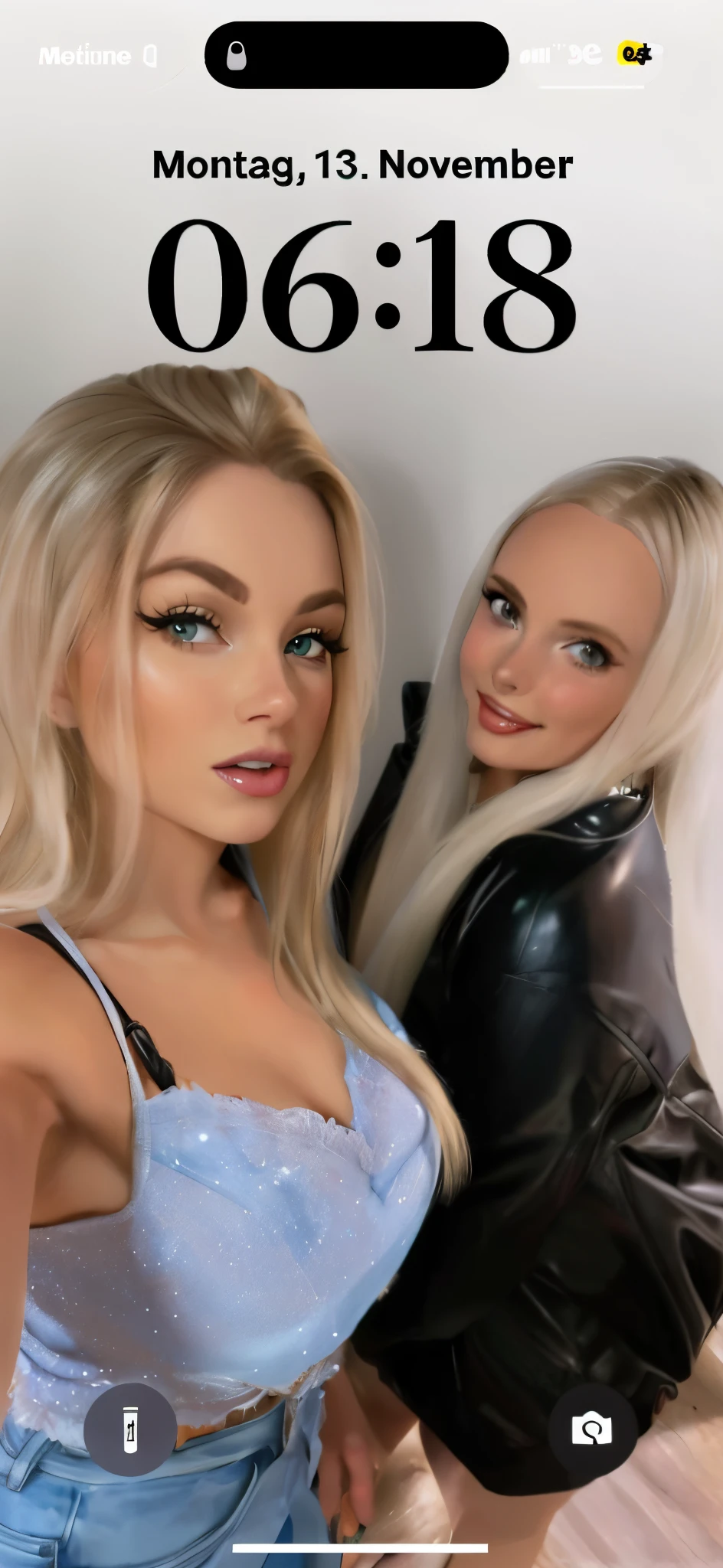 Two women pose for a selfie in front of a wall, Profilbild, one blonde and one brunette, Profilbild, Blond, Zwei Modelle im Rahmen, angelawhite, Blonde Frauen, Blonde hair and big eyes, Long blonde hair and big eyes, two girls, beautiful faces, Dascha Taran, 🤬 🤮 💕 🎀, beautiful gemini twins