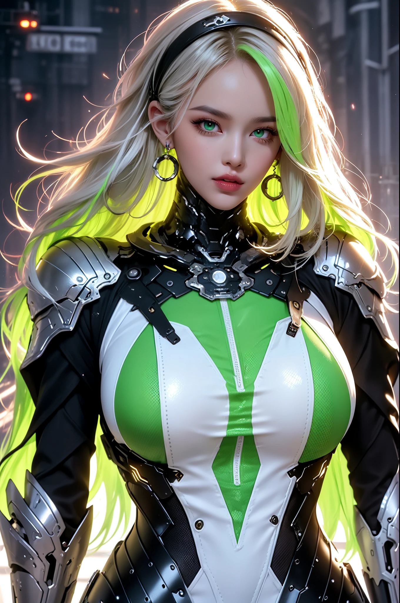 (masterpiece), best quality, expressive eyes, perfect face, beautiful details face, beautiful round eyes, upper body, A beautiful mature woman in cyber armour suit shows her Extremely busty and attractive breasts, (arrogant face), (light green hair), (twintails, expressive hair, shiny hair, glowing hair, multicolored hair, gradient hair, colored inner hair, straight hair, medium long hair), fair skin, (beautiful detailed full bodysuit:1.3), full body cyber armour, glowing and shining armour, silver and green cyber armour, (Edge lights:1.4), (silver and green colour scheme:1.3), neon light on armor, beautiful details eyes, (emerald eyes:1.3), (glowing eyes:1.2), (Gigantic saggy breasts:1.6), tight breasts, thick body, (well accentuated curves), pink lips, (silver nails), mascara, Long eyelashes, eyeliners, (Extremely wide well defined hips:1.3), (beautiful massive thick thighs:1.3), has a tall slender figure, (Extremely detailed skin texture:1.2), beautiful detailed realistic muscle definition, golden lights that shimmer, high detailed eyes, ultra-high quality model, proportionate, intense colouration fantasy, (background fantasy floating cyber city), green and gold tetradic colours, earrings, (1girl), solo, shine