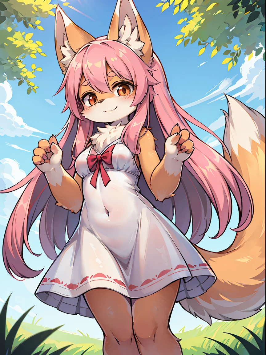 A woman with long hair stands in a wide grass field.. She is a pink furry fox. has long pink hair, The tail is fluffy and big., and medium sized ears. She smiled happily.. She wore a white sundress.. saw her whole body