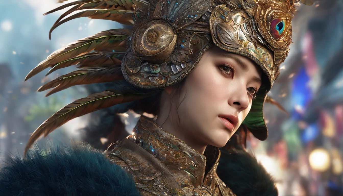 highest quality, chinese paintings,Mural quality,Peacock on tree branch or flying dramatic lights, threatening gesture, Intense expression, Epic atmosphere, (((Peacock head helmet))), (((Full body photo))),peacock made of metal, Cyborg, cyber punk style, Wind, ((Complicated details)), HighDynamicRange, ((Complicated details, the ultra-detailed)), Incandescent Lamps, Cinema lenses, vignet, Bokeh effect background, (canid), (Full body photo).