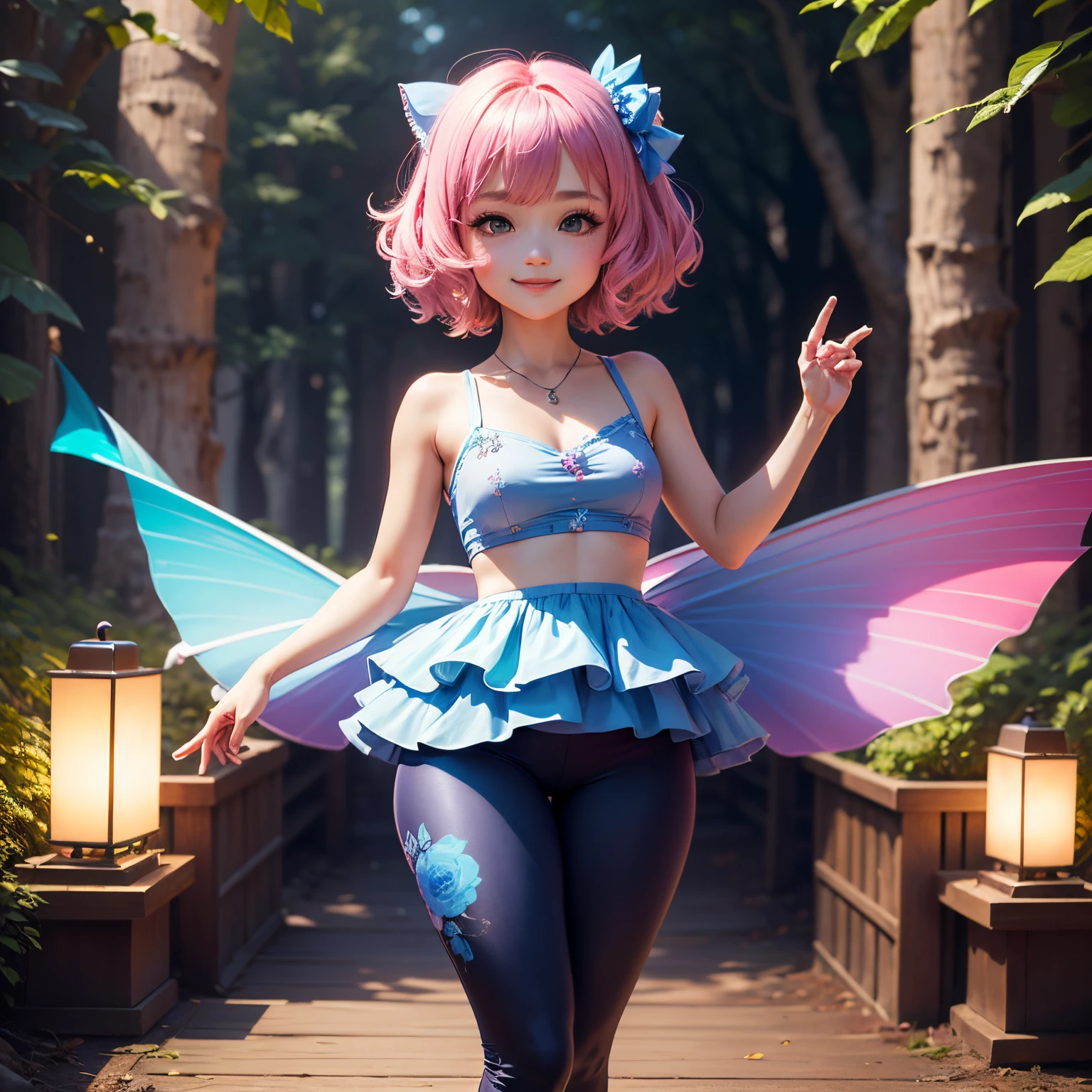 masterpiece、top-quality、ultra-detailliert、(Chibi Chara's Daughter:1.2)、A rainbow-colored camisole with plenty of ruffles and peplum..、blue floral leggings pants、fairy tale forest lake、A smile、Standing、Dancing