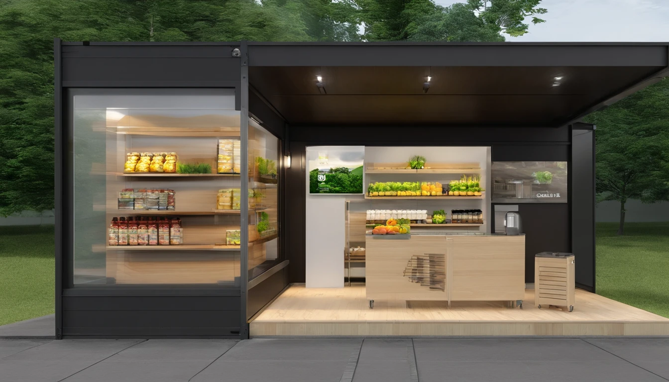 Take us to a small supermarket built in a shipping container. Use words to create an image of a pleasant place surrounded by nature .  altamente detalhado realista