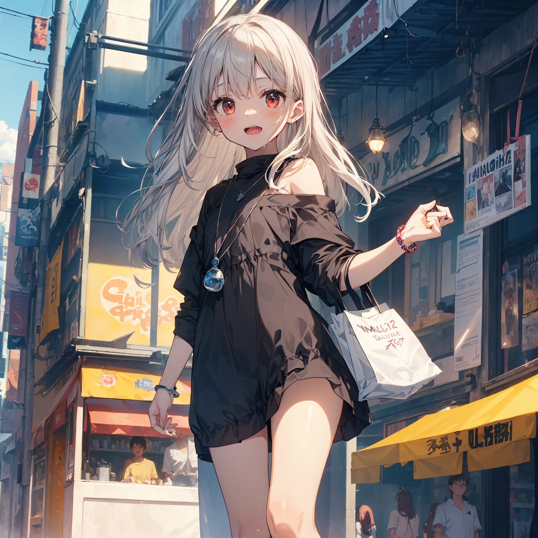 ((top quality, anime, ultra-detailed,high resolution,extremely detailed CG,unity 8k wallpaper, by famous artist, perfect anatomy, super detailed skin, cinematic lighting,)),break,(aquarelle style:1.4), (dark tan skin), long hair, A girl in a off shoulder bikini having fun on the shopping street of a tropical resort,
smile, open mouth, flat chest,  (Lori, child, 12-years-old:1.5),cute, heart necklace, anklet, silver hair, Small eyes,beatiful detailed red eyes,Beautiful detailed lips, 
(crowed people, crowd around)
(cute illustration:1.2), high-resolution, ultra-detailed, best quality,